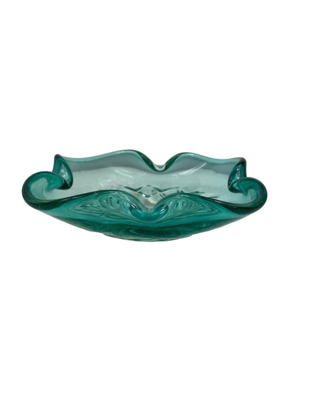 Vintage Hand Blown Turquoise Glass Bowl w/ Ruffled Edge & Textured Floral Design - Picture 3 of 10
